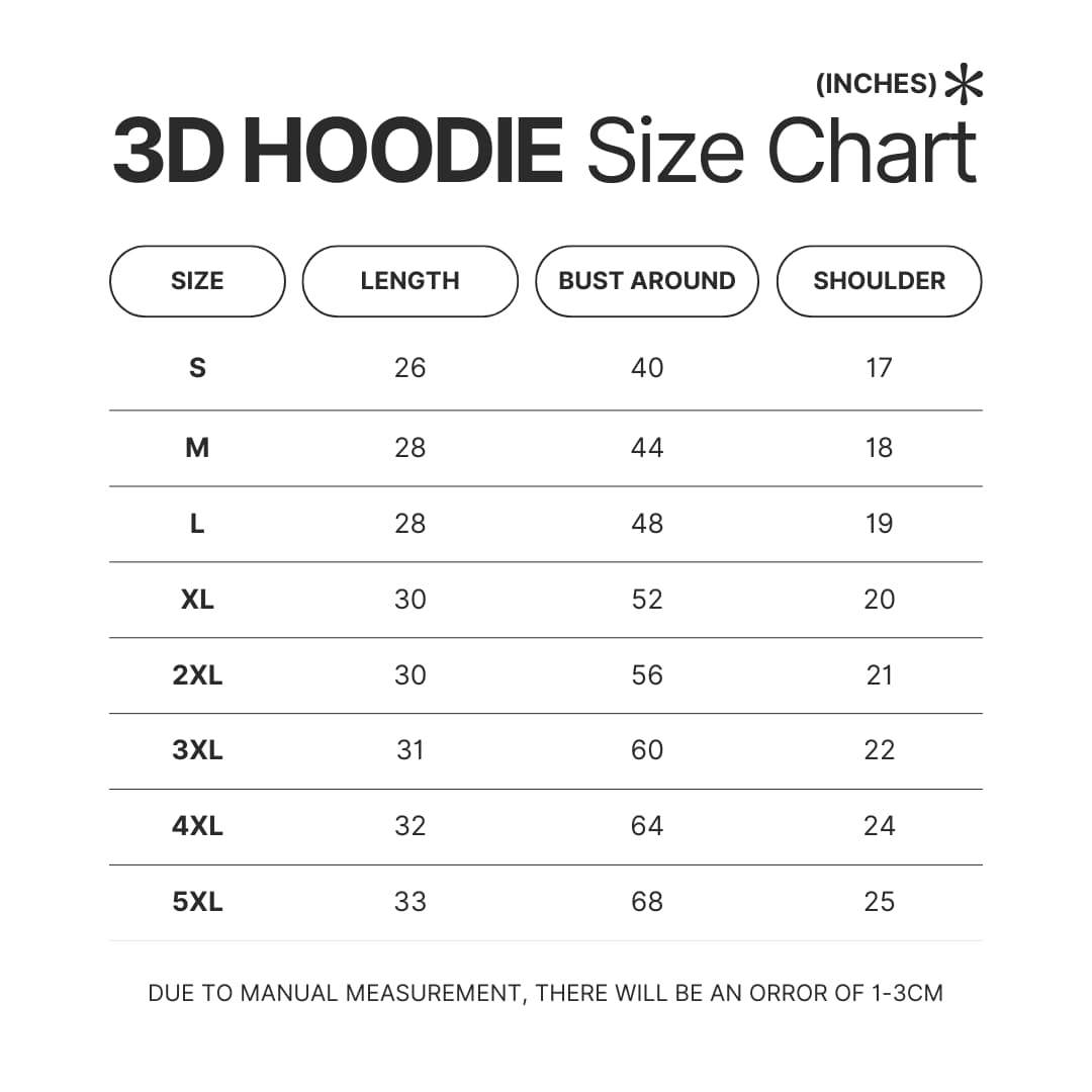 3D Hoodie Size Chart - Berserk Merchandise Store