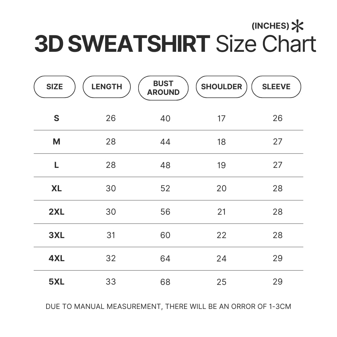 3D Sweatshirt Size Chart - Berserk Merchandise Store