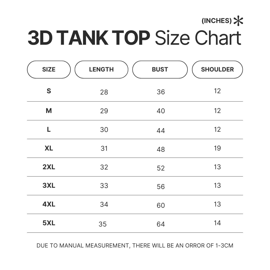 3D Tank Top Size Chart - Berserk Merchandise Store