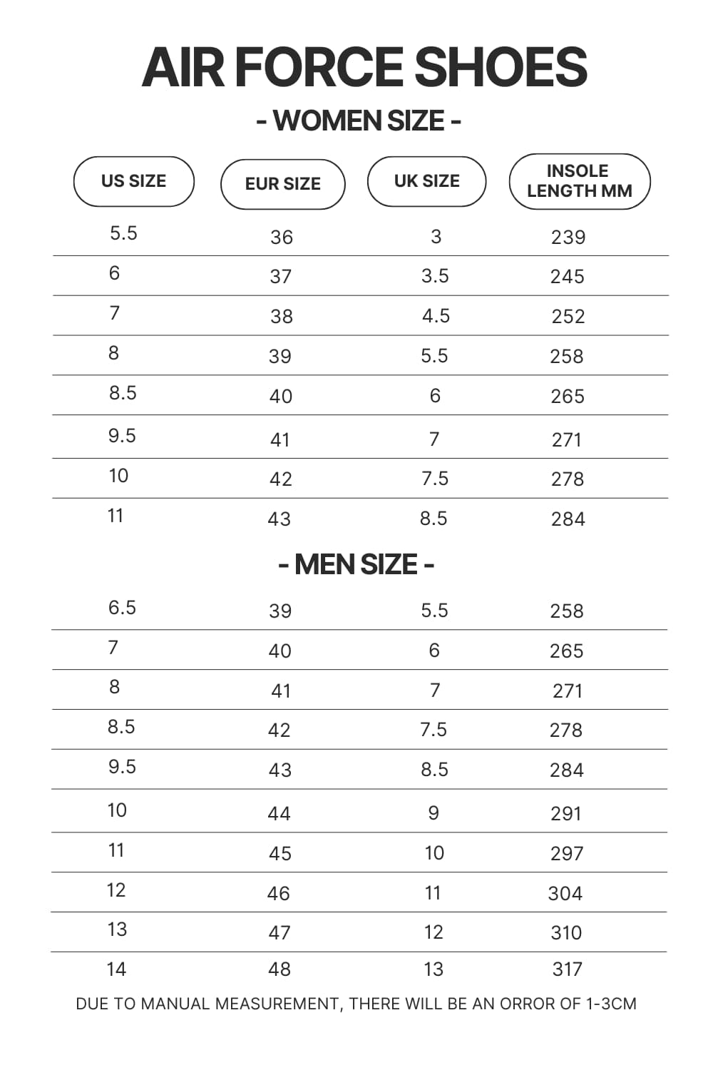 Air Force Shoes Size Chart - Berserk Merchandise Store
