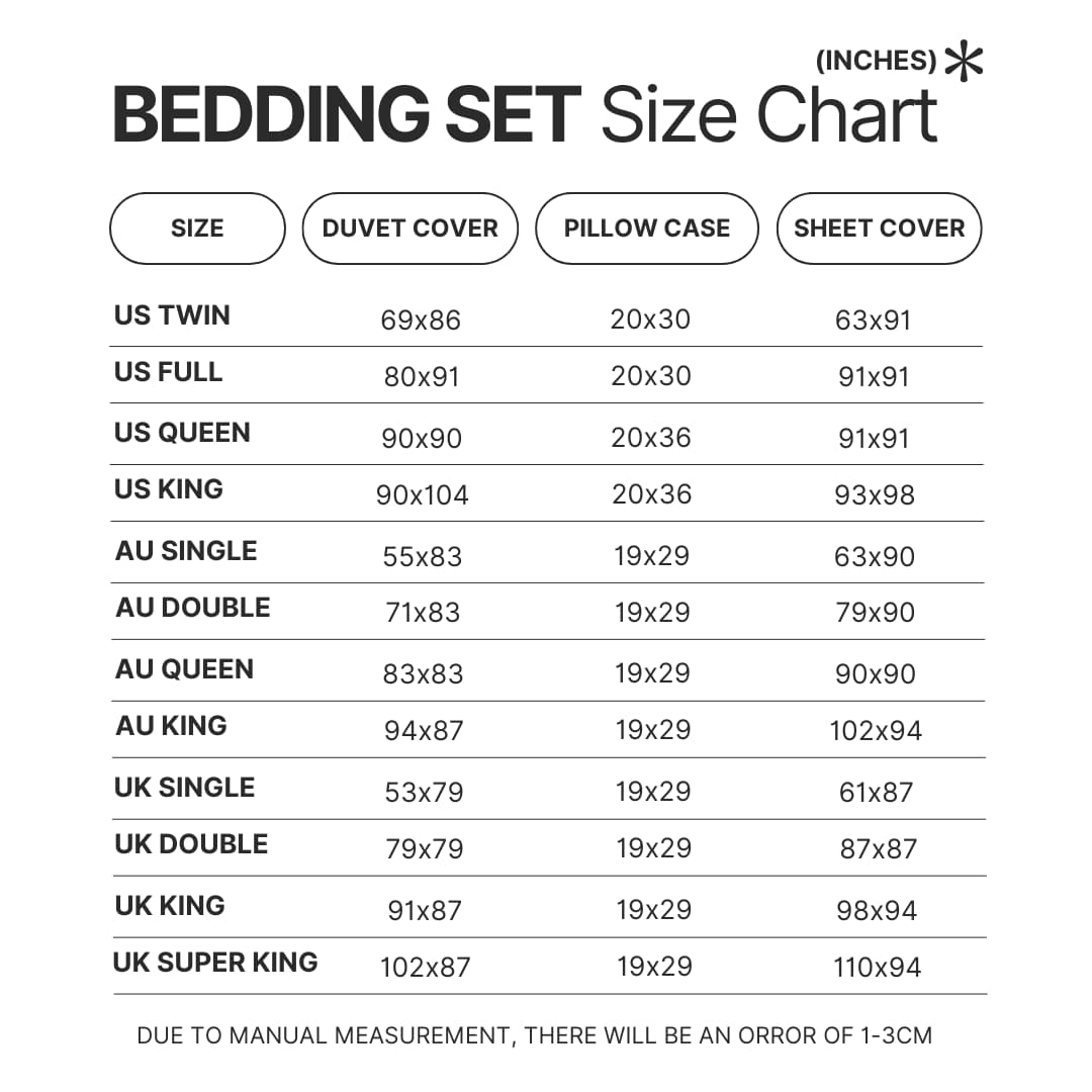Bedding Set Size Chart - Berserk Merchandise Store