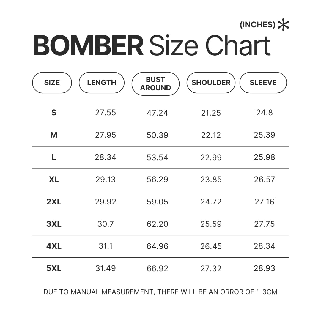 Bomber Size Chart - Berserk Merchandise Store