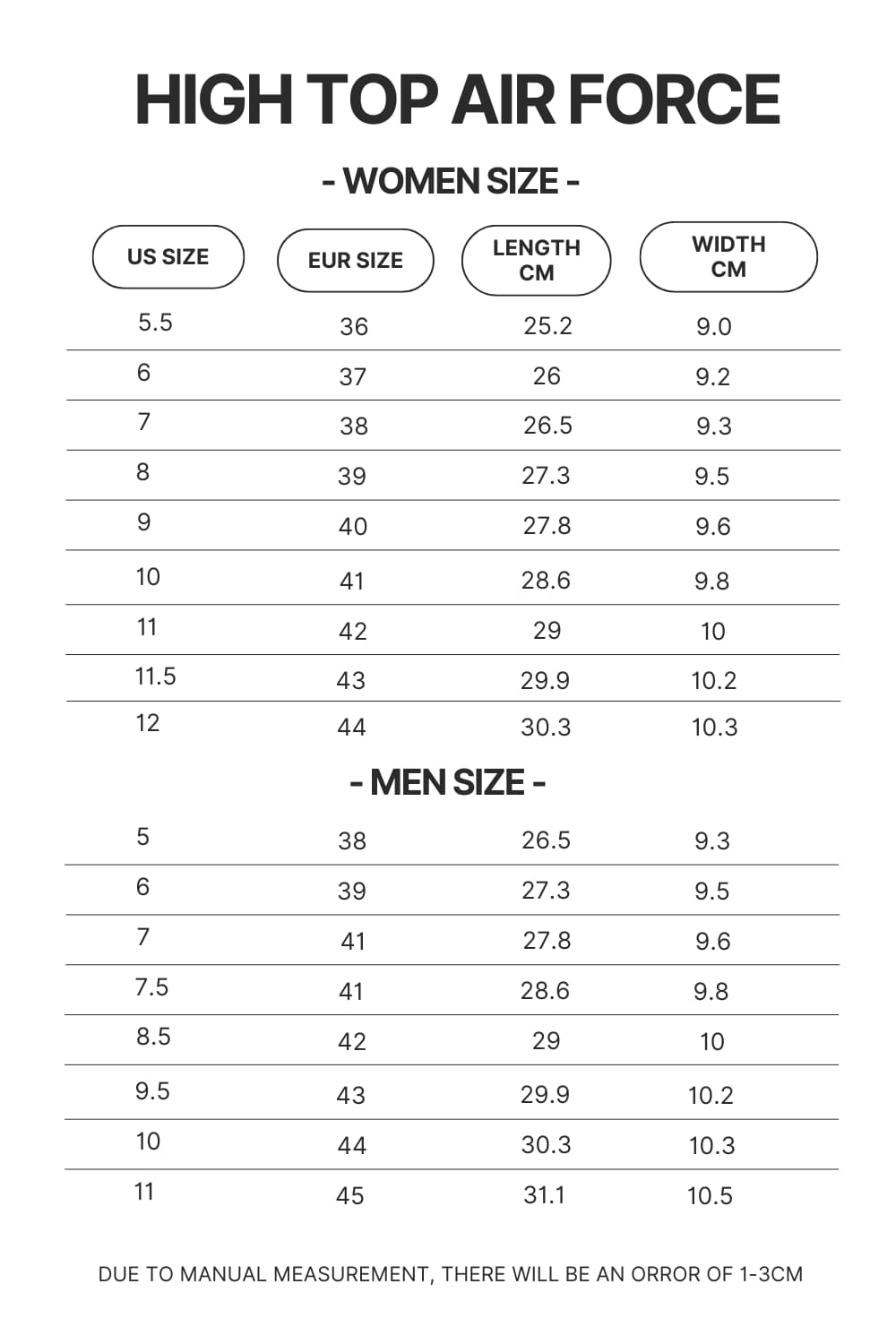 High Top Air Force Shoes Size Chart - Berserk Merchandise Store