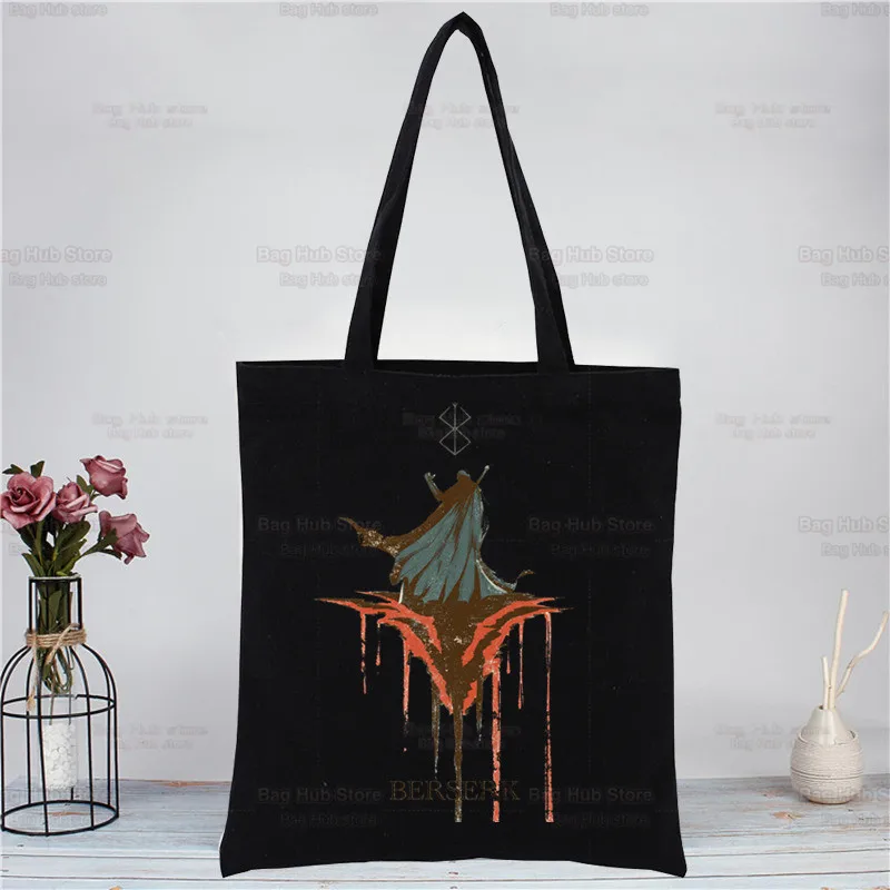 Manga Berserk Swordsman Gatsu Harajuku Fashion Shopping Black Bags Canvas Tote Bag Reusable Cloth Bag Handbag 11 - Berserk Merchandise Store