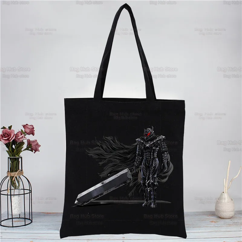Manga Berserk Swordsman Gatsu Harajuku Fashion Shopping Black Bags Canvas Tote Bag Reusable Cloth Bag Handbag 5 - Berserk Merchandise Store