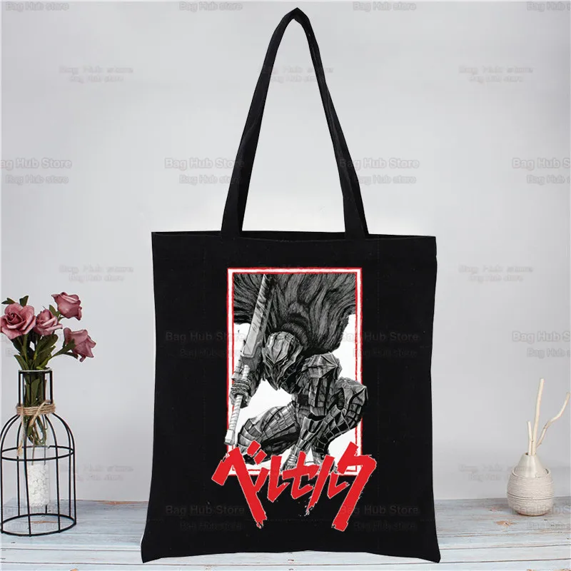 Manga Berserk Swordsman Gatsu Harajuku Fashion Shopping Black Bags Canvas Tote Bag Reusable Cloth Bag Handbag 8 - Berserk Merchandise Store